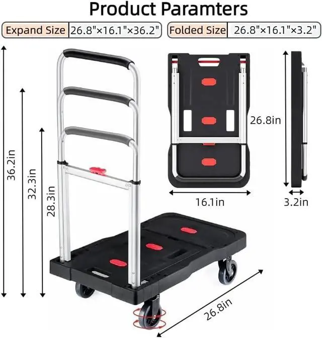 Alt view image 5 of 7 - Folding Hand Truck, 330 Lbs Heavy Duty Luggage Cart, Portable Utility Dolly Platform Cart with Adjustable Handle for Auto, Luggage, Personal, Travel, Moving Shopping and Office Use