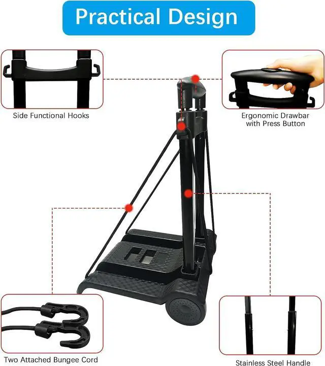 Alt view image 3 of 7 - Portable Folding Hand Truck Lightweight Trolley Compact Utility Cart with 50kg/110lbs Heavy Duty 2 Wheels Solid Construction Adjustable Handle for Moving Travel Shopping Office Luggage Use(BY07-Black)