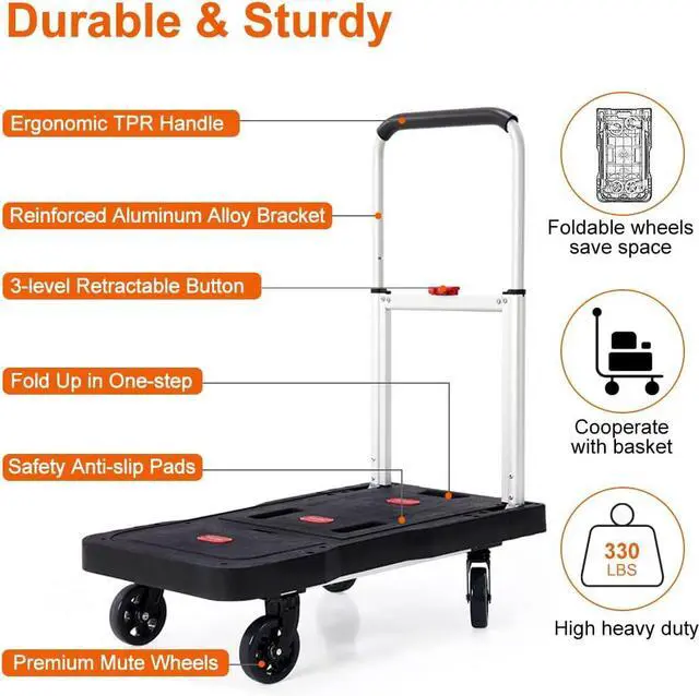 Alt view image 3 of 7 - Folding Hand Truck Platform Truck 330 Lbs Heavy Duty Dolly Cart with Wheels, Fully Folded Push Cart, Portable Trolley Utility Cart for Easy Storage, Garage Moving Shopping Home Office