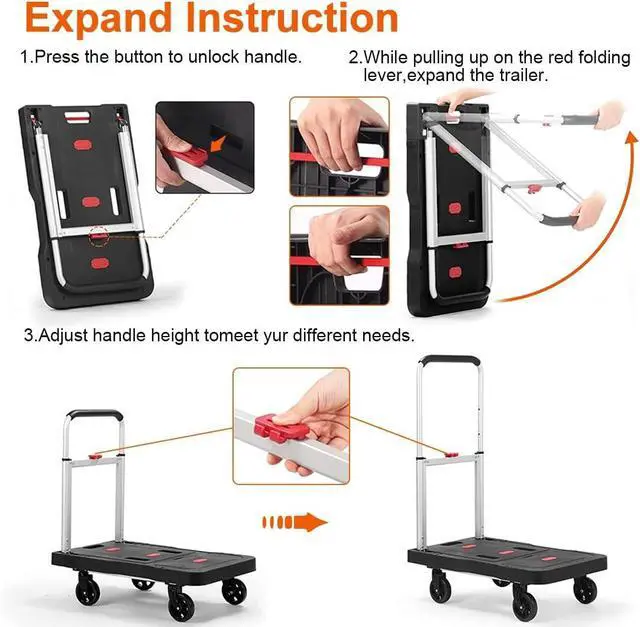 Alt view image 5 of 7 - Folding Hand Truck Platform Truck 330 Lbs Heavy Duty Dolly Cart with Wheels, Fully Folded Push Cart, Portable Trolley Utility Cart for Easy Storage, Garage Moving Shopping Home Office