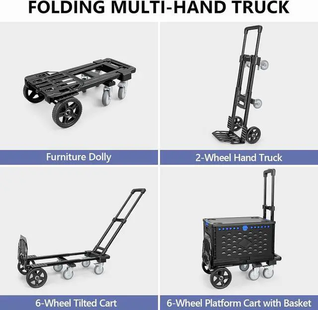 Alt view image 2 of 7 - KEDSUM 3-in-1 Folding Hand Truck with Basket, 600LBS Heavy Duty Dolly Cart with Wheels, Six Wheels and Two Wheels Convertible Dolly Cart for Office,Home Moving, Simple Conversion