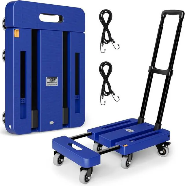 Main image of Folding Hand Truck, 500 LB Heavy Duty Luggage Cart, Utility Dolly Platform Cart with 6 Wheels & 2 Elastic Ropes for Luggage, Travel, Moving, Shopping, Office Use, Blue