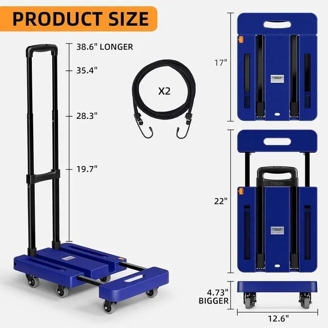 Alt view image 2 of 7 - Folding Hand Truck, 500 LB Heavy Duty Luggage Cart, Utility Dolly Platform Cart with 6 Wheels & 2 Elastic Ropes for Luggage, Travel, Moving, Shopping, Office Use, Blue