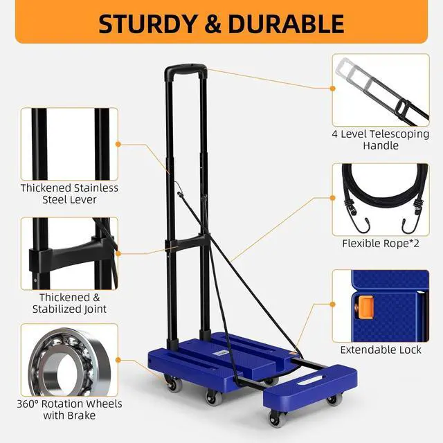 Alt view image 4 of 7 - Folding Hand Truck, 500 LB Heavy Duty Luggage Cart, Utility Dolly Platform Cart with 6 Wheels & 2 Elastic Ropes for Luggage, Travel, Moving, Shopping, Office Use, Blue