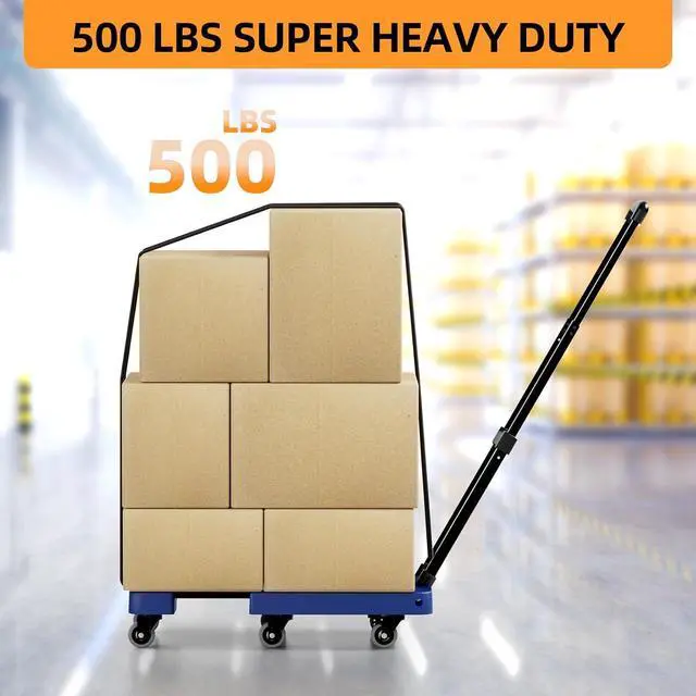 Alt view image 5 of 7 - Folding Hand Truck, 500 LB Heavy Duty Luggage Cart, Utility Dolly Platform Cart with 6 Wheels & 2 Elastic Ropes for Luggage, Travel, Moving, Shopping, Office Use, Blue