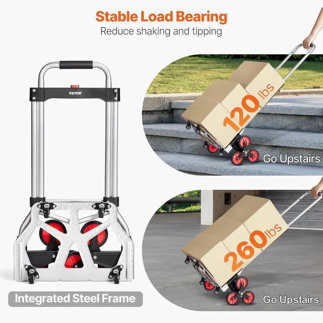 Alt view image 3 of 7 - VEVOR Stair Climbing Cart, 260 lbs Capacity Stair Climber Hand Truck and Dolly, Heavy-Duty Folding Trolley Cart with Telescoping Handle, 10 Wheels & 2 Elastic Ropes for Home Shopping Moving Warehouse