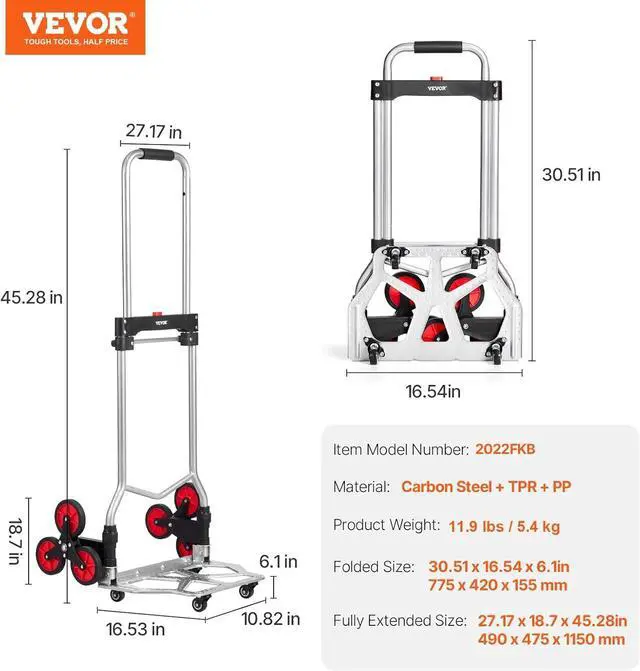 Alt view image 7 of 7 - VEVOR Stair Climbing Cart, 260 lbs Capacity Stair Climber Hand Truck and Dolly, Heavy-Duty Folding Trolley Cart with Telescoping Handle, 10 Wheels & 2 Elastic Ropes for Home Shopping Moving Warehouse