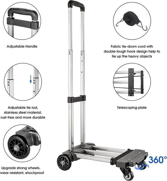 Alt view image 2 of 7 - KEDSUM Foldable Hand Truck, 350 lbs Stainless Steel Folding Luggage Cart, Portable Dolly Cart for Moving, Solid Platform Hand Cart with Elastic Ropes, Collapsible Luggage Cart with Wheels for Moving