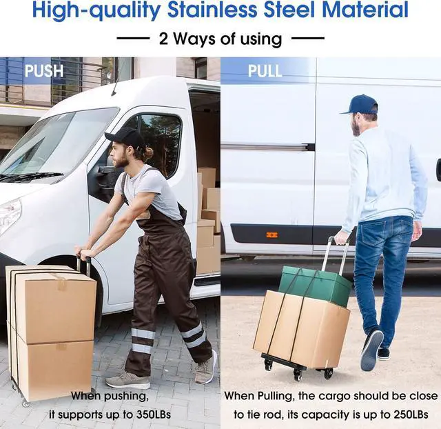 Alt view image 3 of 7 - KEDSUM Foldable Hand Truck, 350 lbs Stainless Steel Folding Luggage Cart, Portable Dolly Cart for Moving, Solid Platform Hand Cart with Elastic Ropes, Collapsible Luggage Cart with Wheels for Moving