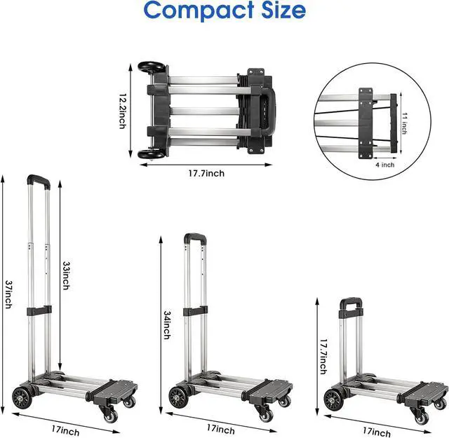 Alt view image 4 of 7 - KEDSUM Foldable Hand Truck, 350 lbs Stainless Steel Folding Luggage Cart, Portable Dolly Cart for Moving, Solid Platform Hand Cart with Elastic Ropes, Collapsible Luggage Cart with Wheels for Moving