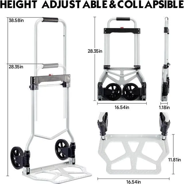 Alt view image 2 of 6 - Folding Hand Truck Dolly Cart Portable Foldable Aluminum Luggage Cart Trolley Cart Black Load 260 lbs, with Black Bungee Cord, Telescoping Handle,Solid Aluminium Wheel suspensions, Double Bearings