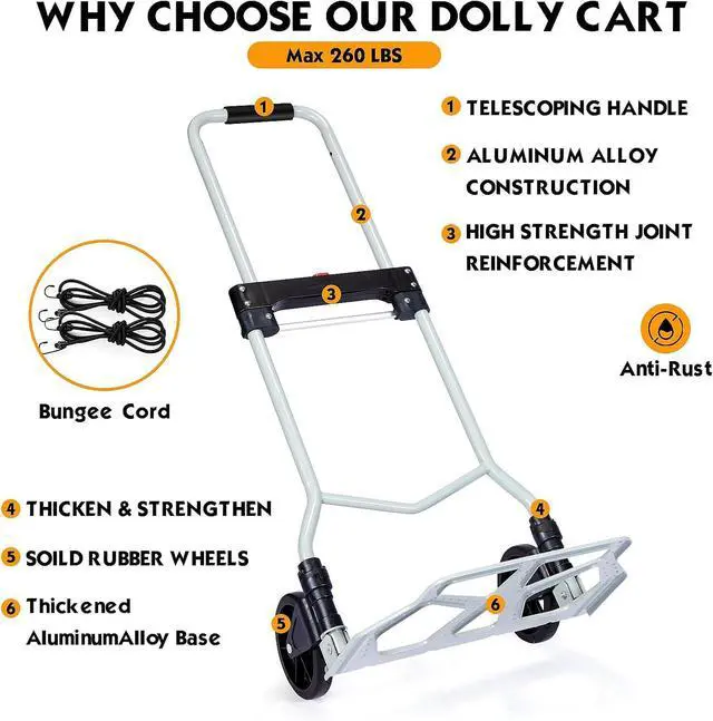 Alt view image 3 of 6 - Folding Hand Truck Dolly Cart Portable Foldable Aluminum Luggage Cart Trolley Cart Black Load 260 lbs, with Black Bungee Cord, Telescoping Handle,Solid Aluminium Wheel suspensions, Double Bearings