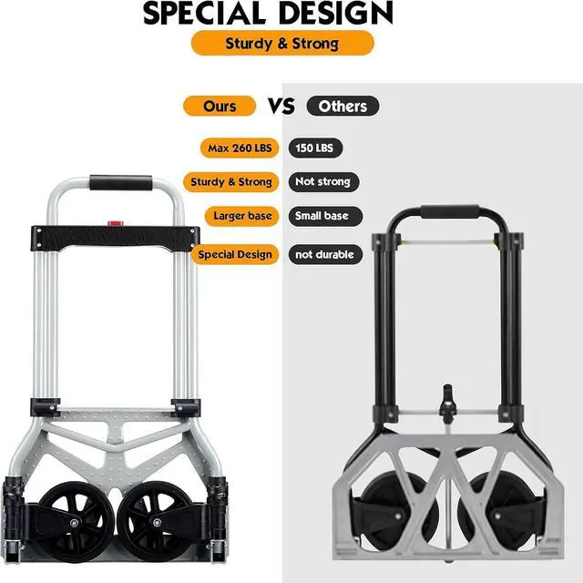 Alt view image 4 of 6 - Folding Hand Truck Dolly Cart Portable Foldable Aluminum Luggage Cart Trolley Cart Black Load 260 lbs, with Black Bungee Cord, Telescoping Handle,Solid Aluminium Wheel suspensions, Double Bearings