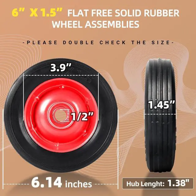 Alt view image 2 of 6 - AR-PRO (2-Pack) 6 x 1.5 Flat Free Solid Rubber Wheel Assemblies - Replacement Hand Truck Wheels with Ball Bearings and 1/2 Bore Hole Diameter - Heavy-Duty Solid Rubber Wheels 132 lbs Load Capacity