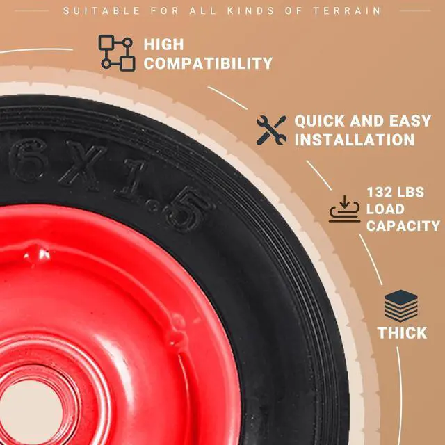 Alt view image 3 of 6 - AR-PRO (2-Pack) 6 x 1.5 Flat Free Solid Rubber Wheel Assemblies - Replacement Hand Truck Wheels with Ball Bearings and 1/2 Bore Hole Diameter - Heavy-Duty Solid Rubber Wheels 132 lbs Load Capacity
