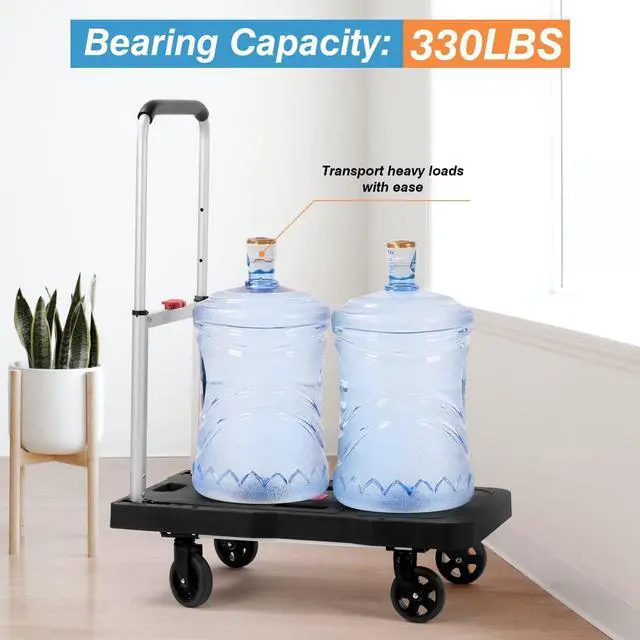 Alt view image 2 of 7 - Platform Truck Foldable Push Cart Dolly 330lb Weight Capacity, Adjustable Hand Truck Handle with 360 Degree Swivel Wheels for Garage Garden Home & Office Use, Black