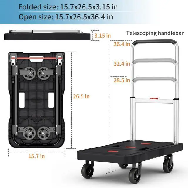 Alt view image 5 of 7 - Platform Truck Foldable Push Cart Dolly 330lb Weight Capacity, Adjustable Hand Truck Handle with 360 Degree Swivel Wheels for Garage Garden Home & Office Use, Black