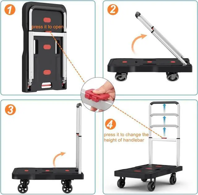 Alt view image 6 of 7 - Platform Truck Foldable Push Cart Dolly 330lb Weight Capacity, Adjustable Hand Truck Handle with 360 Degree Swivel Wheels for Garage Garden Home & Office Use, Black