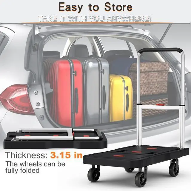 Alt view image 7 of 7 - Platform Truck Foldable Push Cart Dolly 330lb Weight Capacity, Adjustable Hand Truck Handle with 360 Degree Swivel Wheels for Garage Garden Home & Office Use, Black