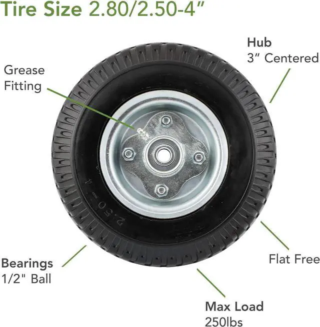 Alt view image 3 of 6 - Marathon 2.80/2.50-4" Narrow Width Flat Free Hand Truck / Utility Cart Tire on Wheel, 3"Centered Hub, 1/2" Bearings