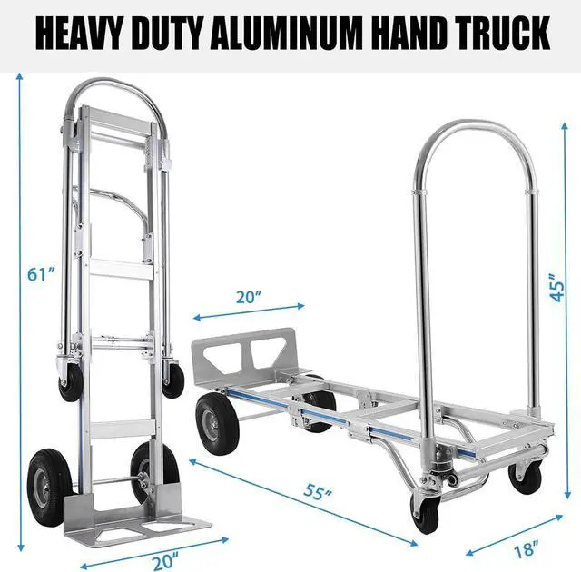 Alt view image 2 of 7 - Heavy Duty Aluminum Hand Truck, Industrial Convertible Hand Truck Dolly Large Size, Utility Cart Converts from Hand Truck to Platform Cart with 10" Hi Tech Rubber Wheels