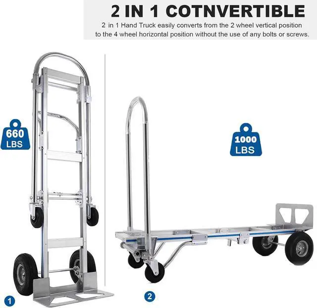 Alt view image 3 of 7 - Heavy Duty Aluminum Hand Truck, Industrial Convertible Hand Truck Dolly Large Size, Utility Cart Converts from Hand Truck to Platform Cart with 10" Hi Tech Rubber Wheels