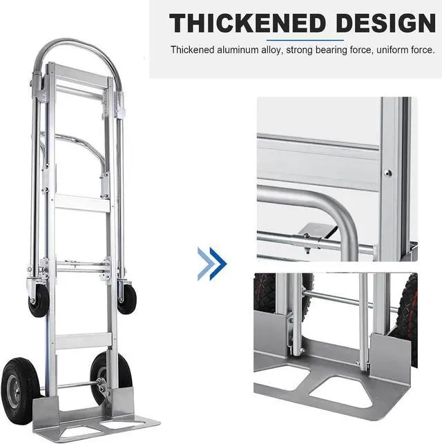 Alt view image 5 of 7 - Heavy Duty Aluminum Hand Truck, Industrial Convertible Hand Truck Dolly Large Size, Utility Cart Converts from Hand Truck to Platform Cart with 10" Hi Tech Rubber Wheels