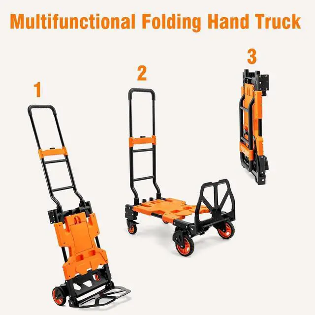 Alt view image 2 of 7 - 2 in 1 Folding Hand Truck, 400 LBS Capacity Dolly Cart with Wheels, Hand Truck Dolly with 3-Position Height-Adjustable Handle, 59 Bungee Cord with Hooks is Included