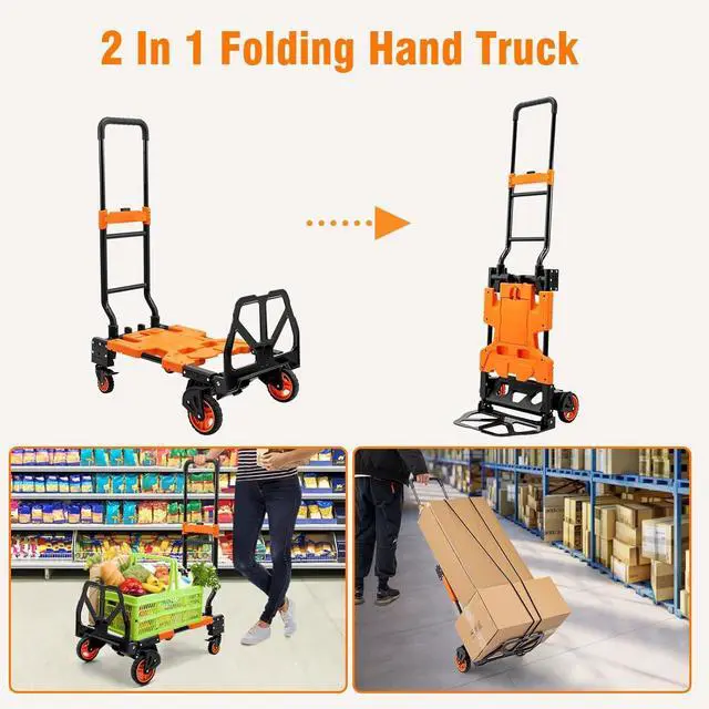 Alt view image 3 of 7 - 2 in 1 Folding Hand Truck, 400 LBS Capacity Dolly Cart with Wheels, Hand Truck Dolly with 3-Position Height-Adjustable Handle, 59 Bungee Cord with Hooks is Included