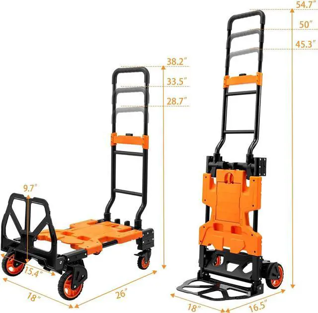 Alt view image 5 of 7 - 2 in 1 Folding Hand Truck, 400 LBS Capacity Dolly Cart with Wheels, Hand Truck Dolly with 3-Position Height-Adjustable Handle, 59 Bungee Cord with Hooks is Included