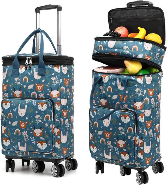 Main image of 2 in 1 Shopping Cart with Wheels, Portable Utility Dolly, Luggage Cart, Foldable Hand Truck with Built-in Removable Waterproof Bag for Shopping, Camping, Travel (Animal World)