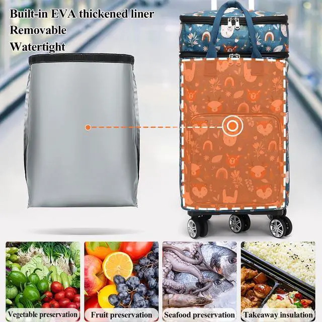 Alt view image 3 of 7 - 2 in 1 Shopping Cart with Wheels, Portable Utility Dolly, Luggage Cart, Foldable Hand Truck with Built-in Removable Waterproof Bag for Shopping, Camping, Travel (Animal World)