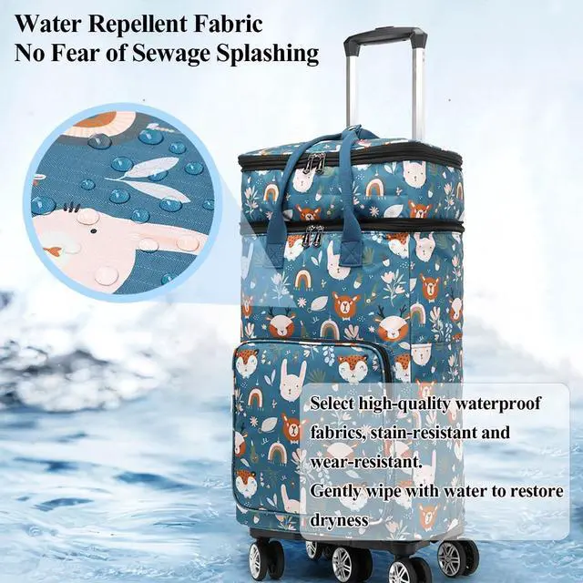 Alt view image 6 of 7 - 2 in 1 Shopping Cart with Wheels, Portable Utility Dolly, Luggage Cart, Foldable Hand Truck with Built-in Removable Waterproof Bag for Shopping, Camping, Travel (Animal World)