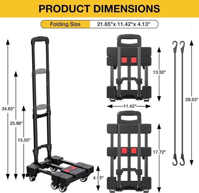 Alt view image 2 of 6 - Folding Hand Truck, 500 LB Portable Dolly Cart Heavy Duty Luggage Cart with 6 Wheels & 2 Ropes for Travel, Moving, Shopping