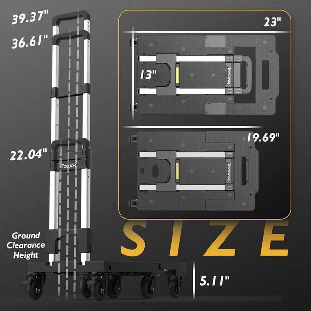 Alt view image 2 of 7 - TOOLIOM Folding Hand Truck, 600 lbs Heavy Duty Foldable Luggage Cart with 7 Tank Wheels, Portable Collapsible Dolly Cart with Extendable Base, Utility Cart with Brake Wheels