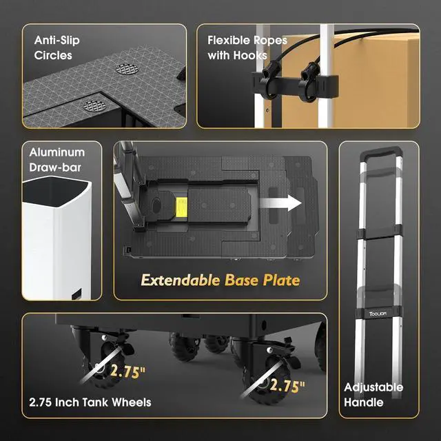 Alt view image 4 of 7 - TOOLIOM Folding Hand Truck, 600 lbs Heavy Duty Foldable Luggage Cart with 7 Tank Wheels, Portable Collapsible Dolly Cart with Extendable Base, Utility Cart with Brake Wheels