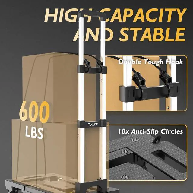 Alt view image 6 of 7 - TOOLIOM Folding Hand Truck, 600 lbs Heavy Duty Foldable Luggage Cart with 7 Tank Wheels, Portable Collapsible Dolly Cart with Extendable Base, Utility Cart with Brake Wheels
