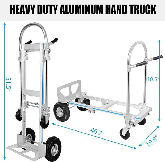 Alt view image 2 of 7 - 2 in 1 Aluminum Hand Truck, Industrial Convertible Hand Truck and Dolly 1000 LBS Capacity, Heavy Duty Hand Truck Flatform Cart with 10" Hi Tech Rubber Wheels