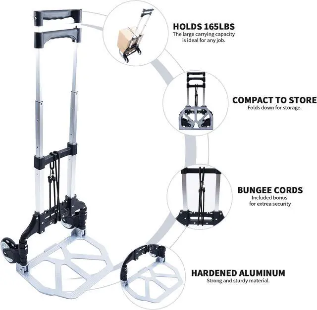 Alt view image 4 of 7 - Folding Hand Truck and Dolly,165 lb Capacity Aluminum Portable Cart Foldable 2 Wheel Dolly with Telescoping Handle