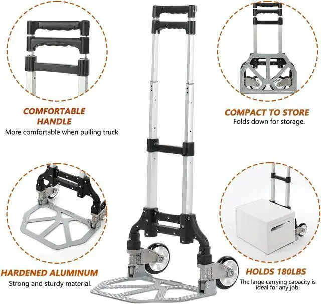 Alt view image 2 of 7 - Hand Truck Dolly Cart with Wheels - Free Carry Bag Included, Portable 180 LB Capacity Hand Cart, Lightweight Aluminum Folding Dolly, Telescoping Higher Handle