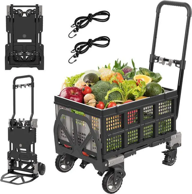 Main image of 2 in 1 Folding Hand Truck Dolly with Basket, 330LB Heavy Duty Carrying with 4 Wheels Foldable, Retractable Handle Collapsible Cart, Include 2 Bungee Cords, for Moving, Luggage, Office