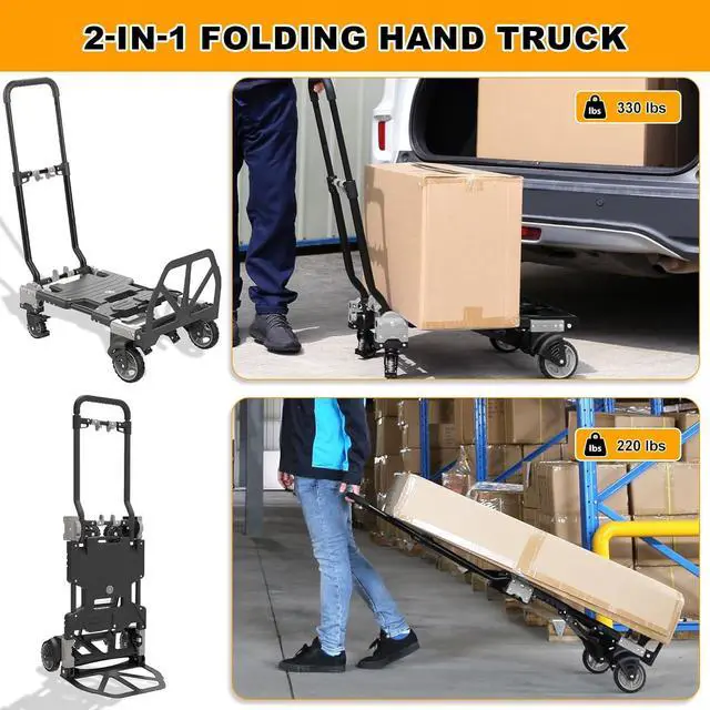 Alt view image 2 of 7 - 2 in 1 Folding Hand Truck Dolly with Basket, 330LB Heavy Duty Carrying with 4 Wheels Foldable, Retractable Handle Collapsible Cart, Include 2 Bungee Cords, for Moving, Luggage, Office
