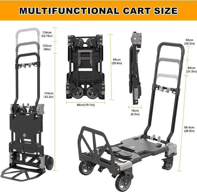 Alt view image 3 of 7 - 2 in 1 Folding Hand Truck Dolly with Basket, 330LB Heavy Duty Carrying with 4 Wheels Foldable, Retractable Handle Collapsible Cart, Include 2 Bungee Cords, for Moving, Luggage, Office
