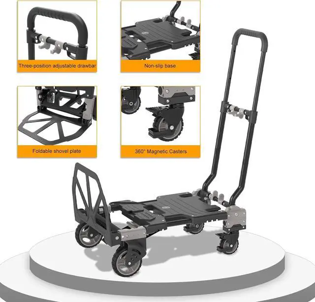 Alt view image 4 of 7 - 2 in 1 Folding Hand Truck Dolly with Basket, 330LB Heavy Duty Carrying with 4 Wheels Foldable, Retractable Handle Collapsible Cart, Include 2 Bungee Cords, for Moving, Luggage, Office