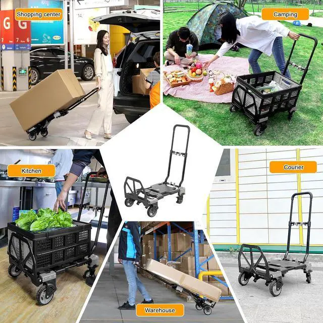 Alt view image 5 of 7 - 2 in 1 Folding Hand Truck Dolly with Basket, 330LB Heavy Duty Carrying with 4 Wheels Foldable, Retractable Handle Collapsible Cart, Include 2 Bungee Cords, for Moving, Luggage, Office