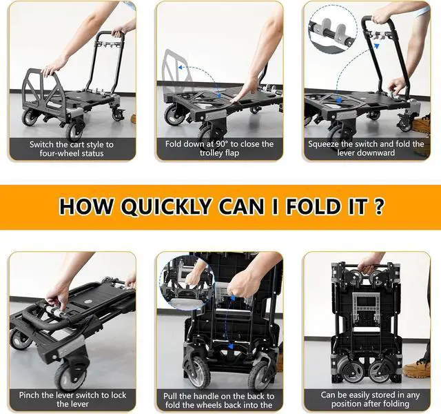 Alt view image 6 of 7 - 2 in 1 Folding Hand Truck Dolly with Basket, 330LB Heavy Duty Carrying with 4 Wheels Foldable, Retractable Handle Collapsible Cart, Include 2 Bungee Cords, for Moving, Luggage, Office