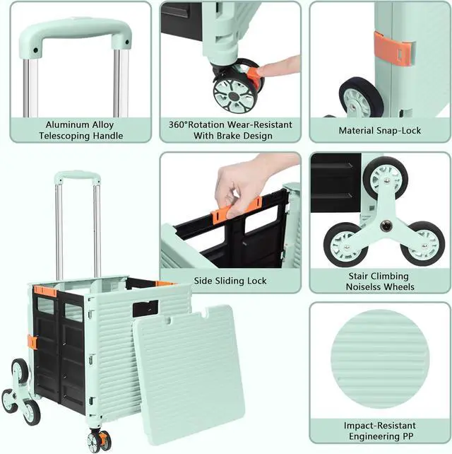 Alt view image 2 of 7 - FELICON SELORSS Folding Utility Cart Portable Rolling Crate Handcart with Stair Climbing Wheels&360°Swivel Wheels Telescoping Handle Plastic Box Dolly for Travel Shop Move Office Teacher Use(Green)