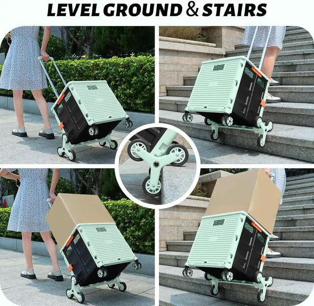 Alt view image 3 of 7 - FELICON SELORSS Folding Utility Cart Portable Rolling Crate Handcart with Stair Climbing Wheels&360°Swivel Wheels Telescoping Handle Plastic Box Dolly for Travel Shop Move Office Teacher Use(Green)