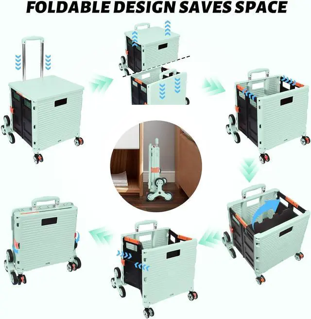 Alt view image 4 of 7 - FELICON SELORSS Folding Utility Cart Portable Rolling Crate Handcart with Stair Climbing Wheels&360°Swivel Wheels Telescoping Handle Plastic Box Dolly for Travel Shop Move Office Teacher Use(Green)