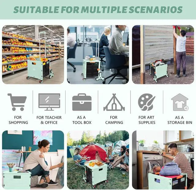 Alt view image 5 of 7 - FELICON SELORSS Folding Utility Cart Portable Rolling Crate Handcart with Stair Climbing Wheels&360°Swivel Wheels Telescoping Handle Plastic Box Dolly for Travel Shop Move Office Teacher Use(Green)